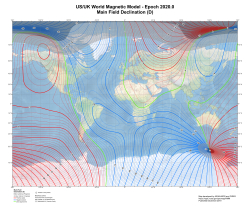 Карта магнитных склонений / US/UK world magnetic model - epoch 2020.0. Main field declination